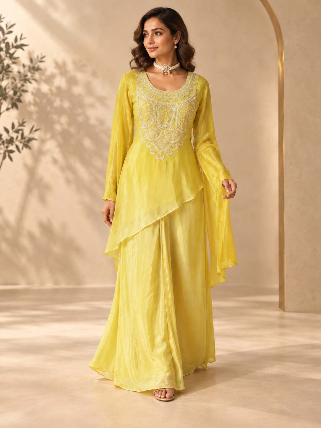 Inara - Yellow Embroidered Asymmetric Kurta Palazzo Set