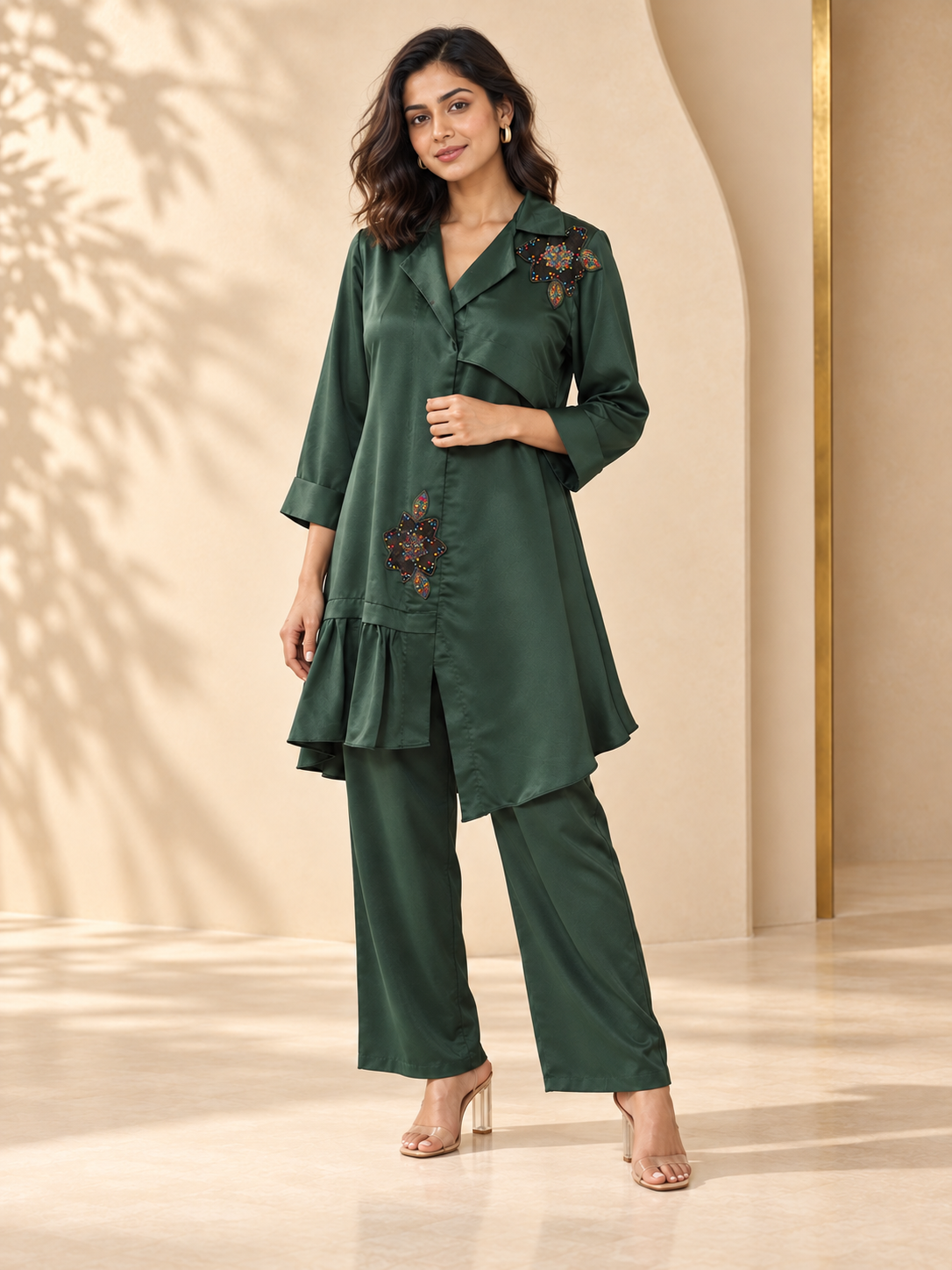 Inara - Bottle Green Satin Embroidered Tunic Co-ord Set