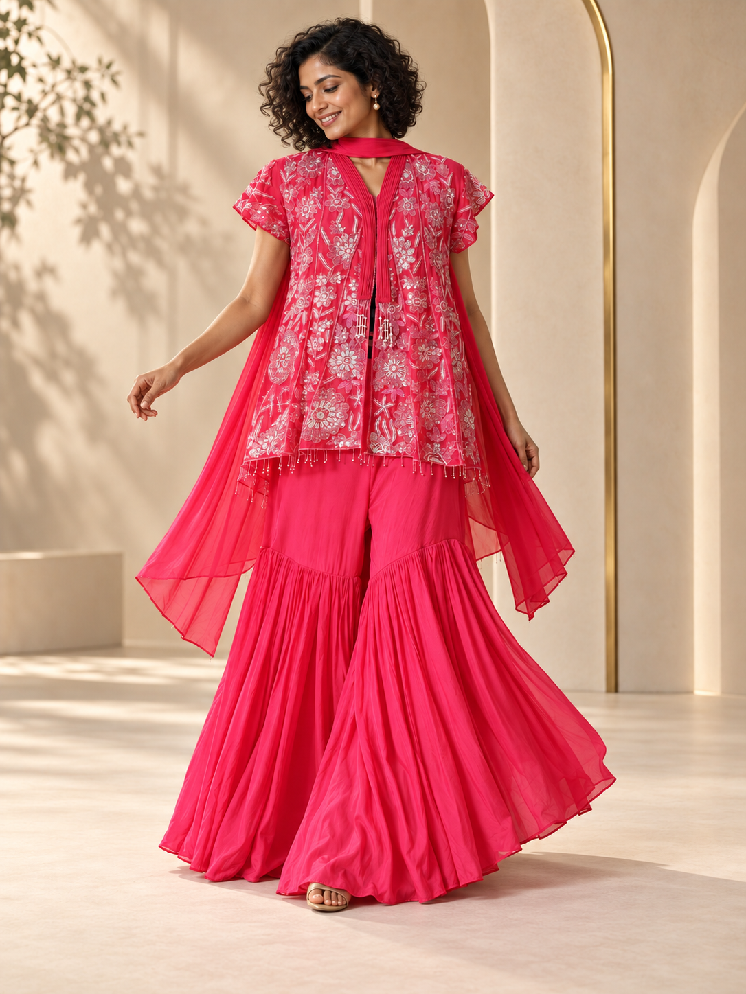 Aadhya - Rani Pink Sequin Embroidered Kurta Sharara Set