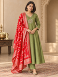 Amaira - Sage Green Embroidered Kurta Set with Banarasi Dupatta