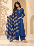 Amaira - Blue Embroidered Straight Kurta Set with Striped Dupatta