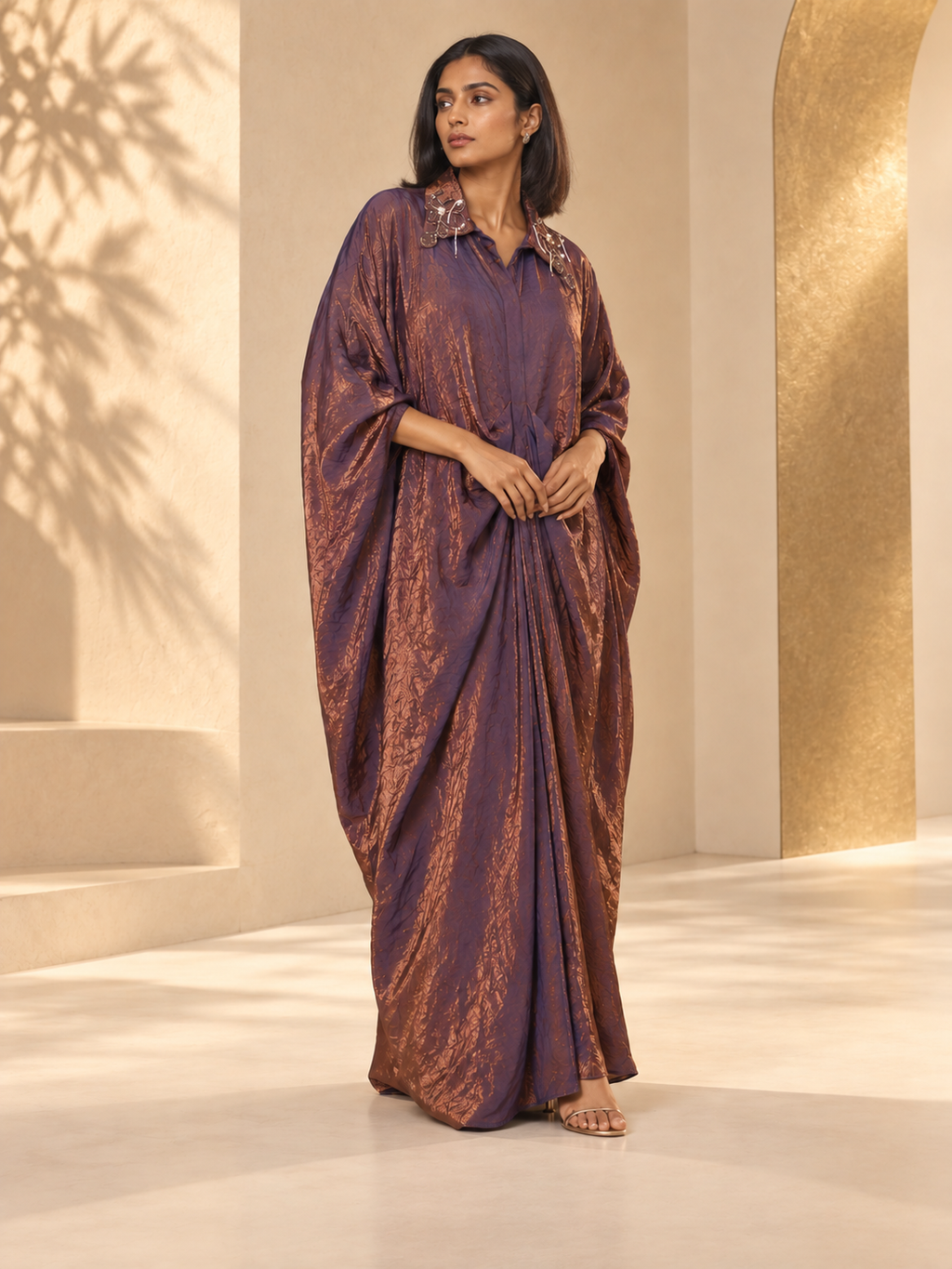 Gul - Purple Metallic Draped Kaftan Gown