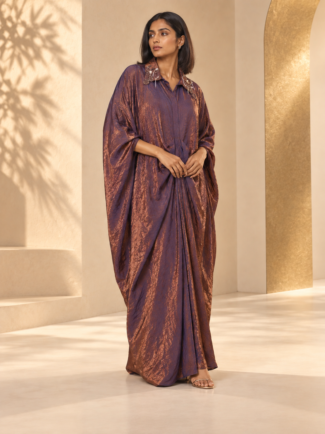 Gul - Purple Metallic Draped Kaftan Gown