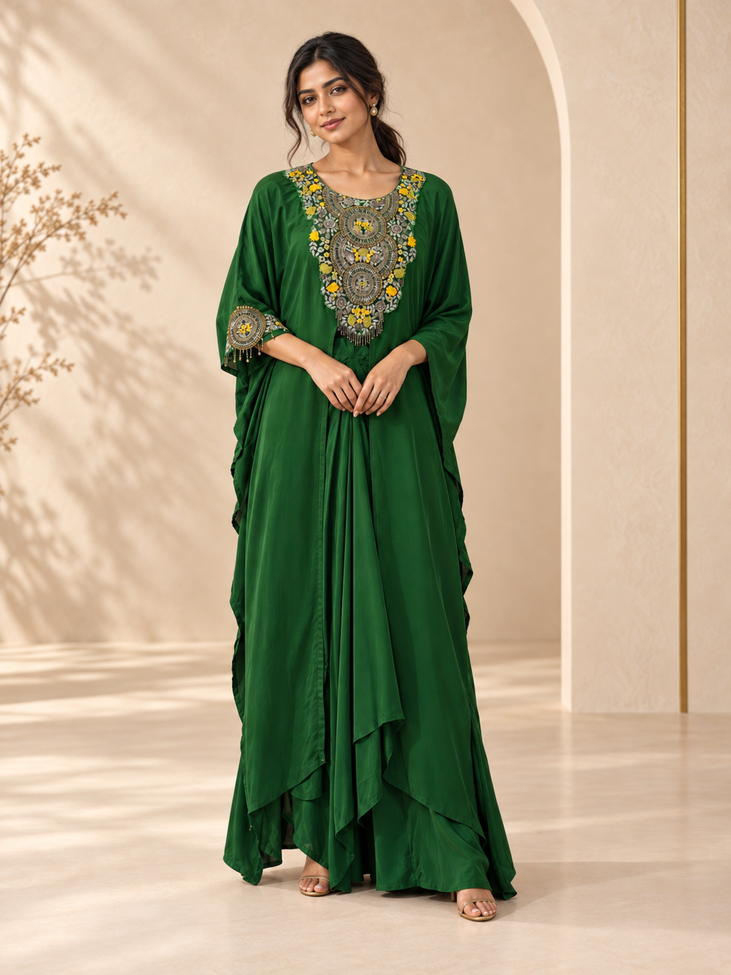 Gul - Green Embroidered Kaftan with Crop Top & Drape Skirt
